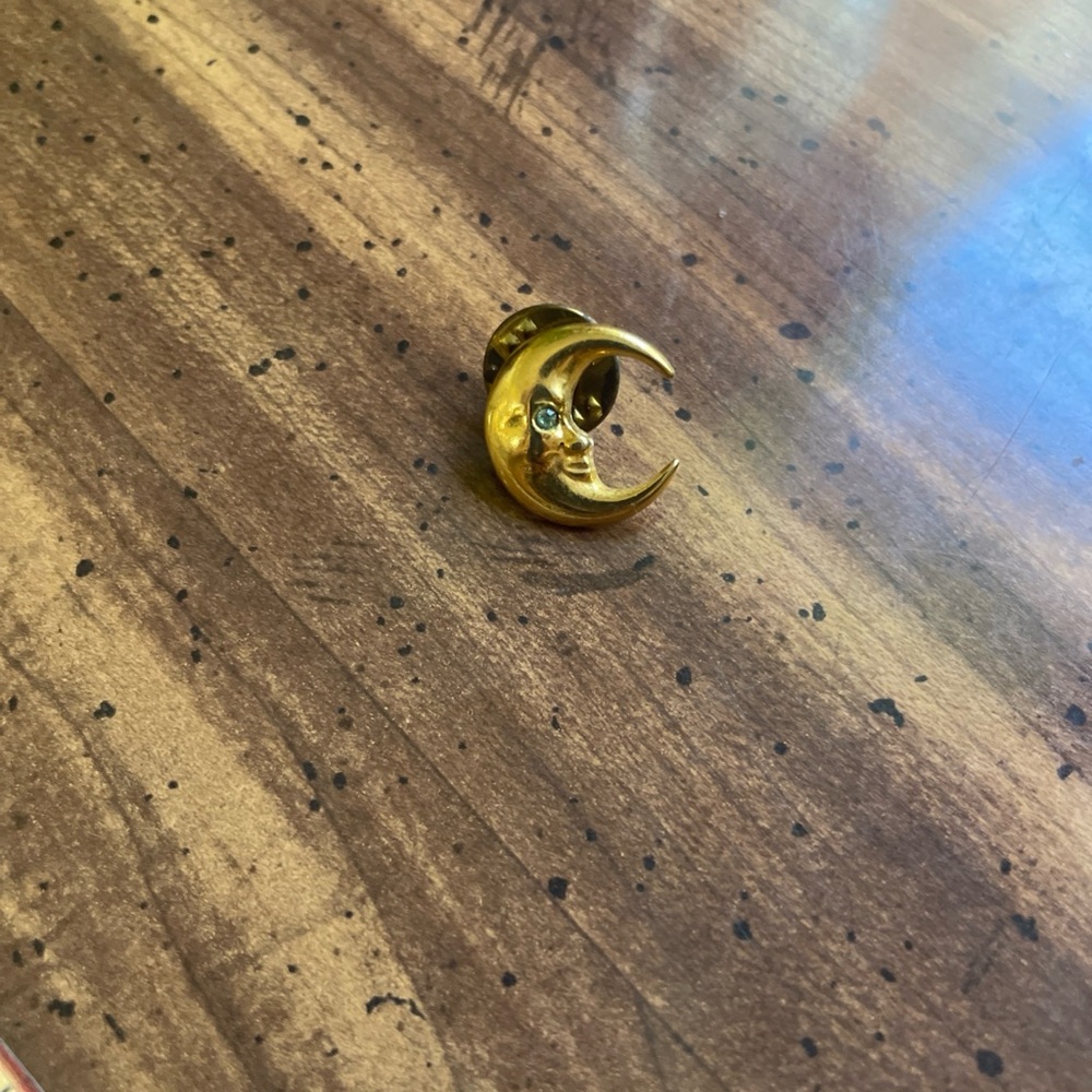 Gold Moon Brooch with Blue Accents